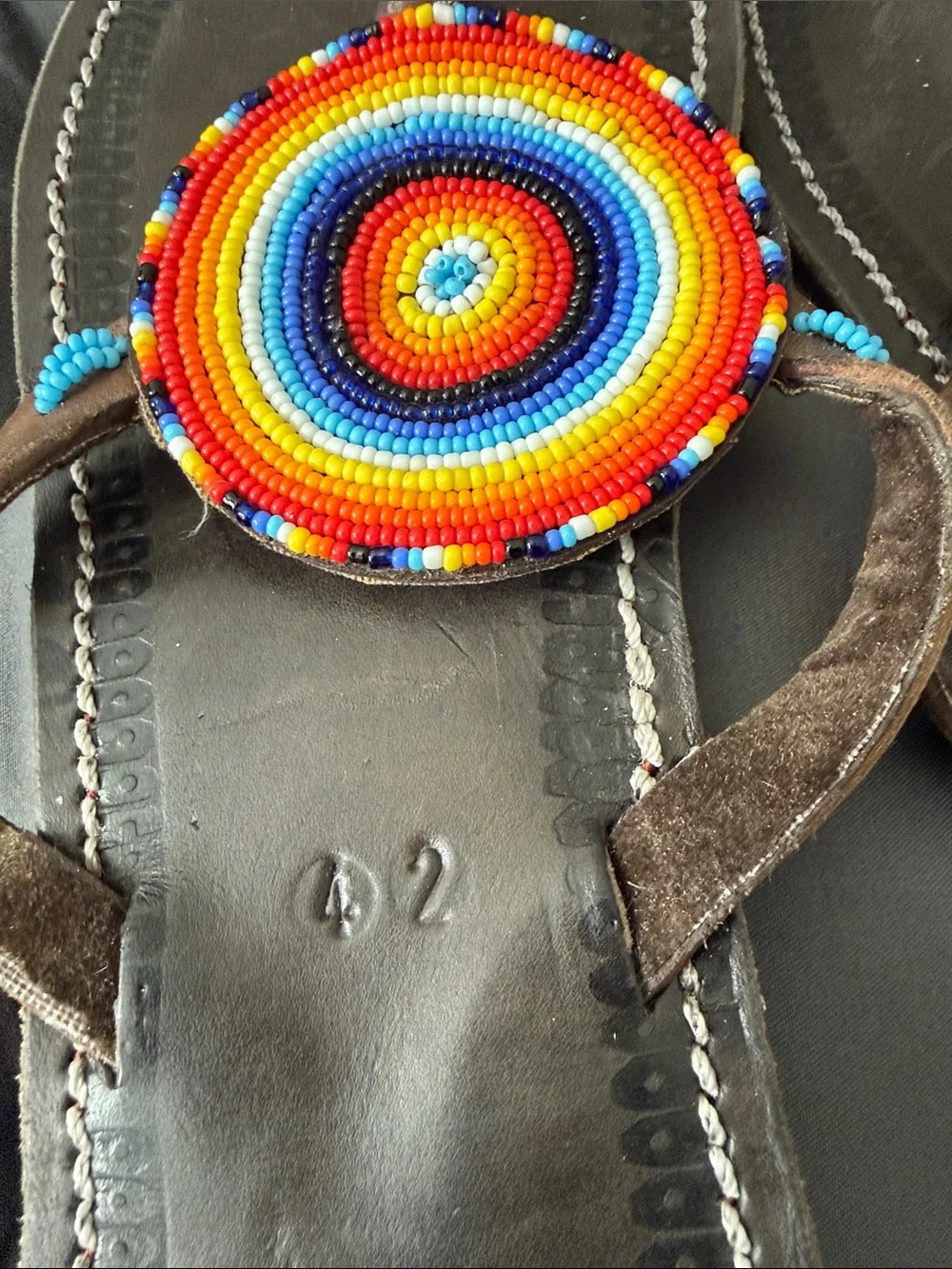 Beaded Rainbow Circle Brown Leather Thong Sandals